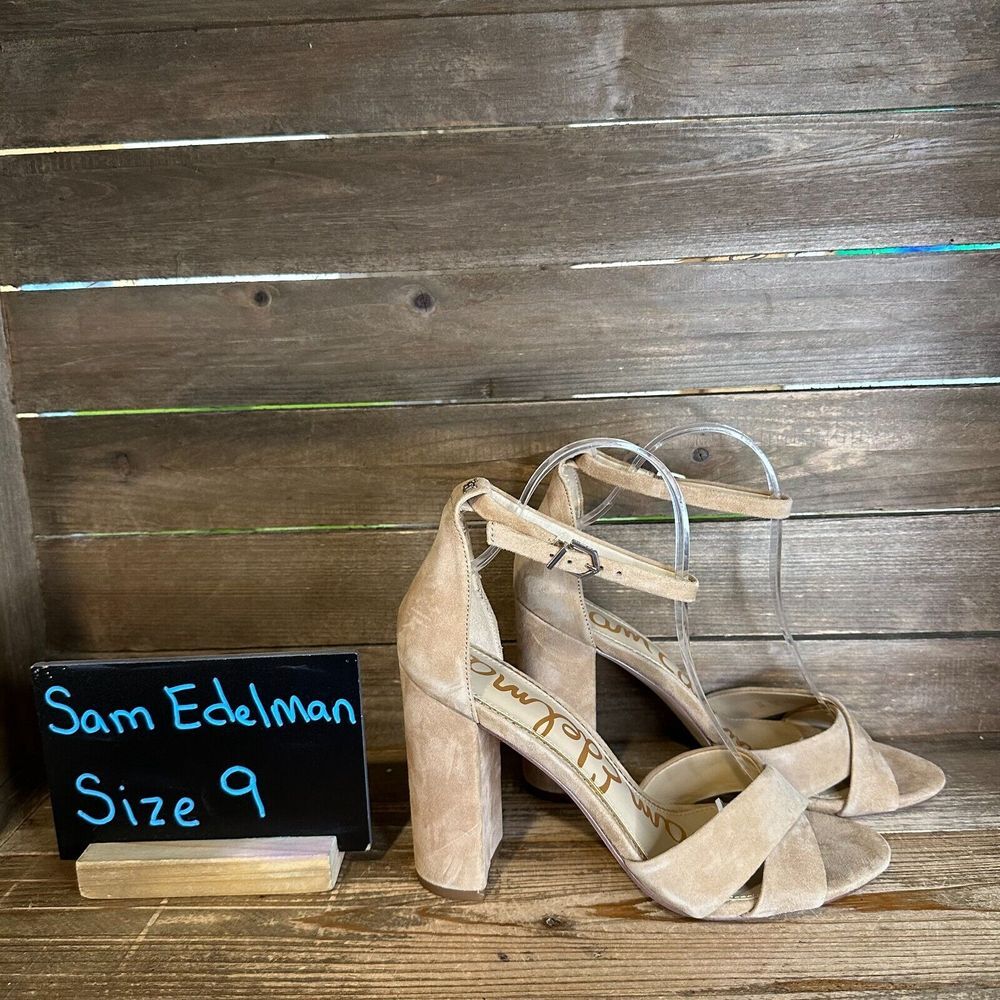 New Womens Sam Edelman Yancy‎ Nude Suede Open Toe Heels Sandals Shoes Size 9 M